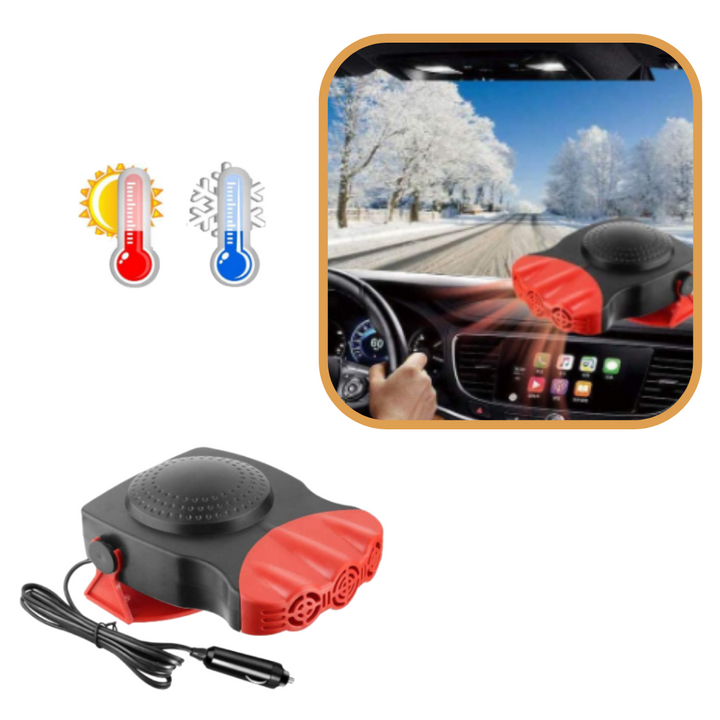 "Chauffage dégivrant compact pour voiture, couleur noire, connecté à l'allume-cigare, avec fonction dégivrage et ventilation.