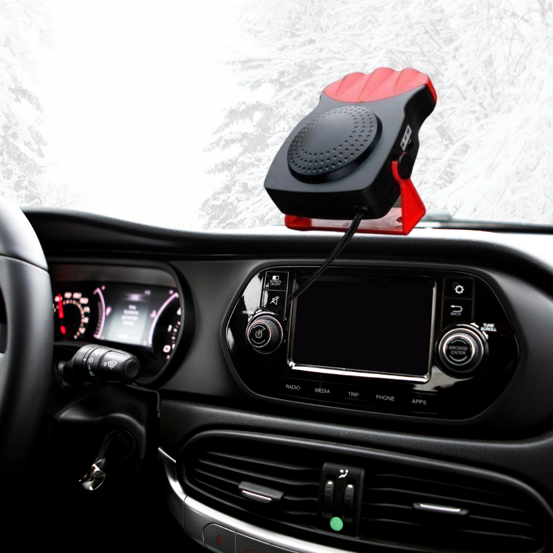"Chauffage dégivrant compact pour voiture, couleur noire, connecté à l'allume-cigare, avec fonction dégivrage et ventilation.
