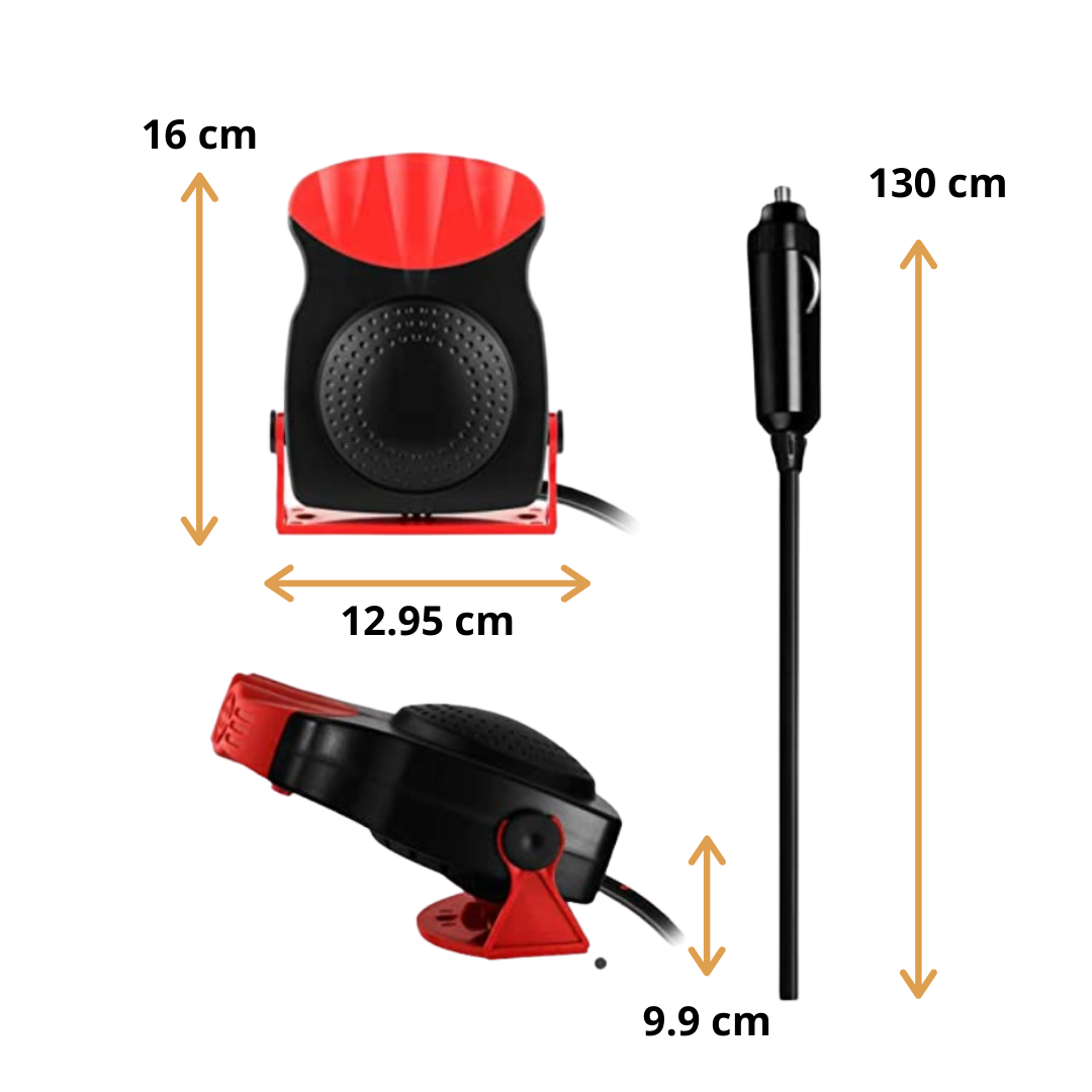"Chauffage dégivrant compact pour voiture, couleur noire, connecté à l'allume-cigare, avec fonction dégivrage et ventilation.