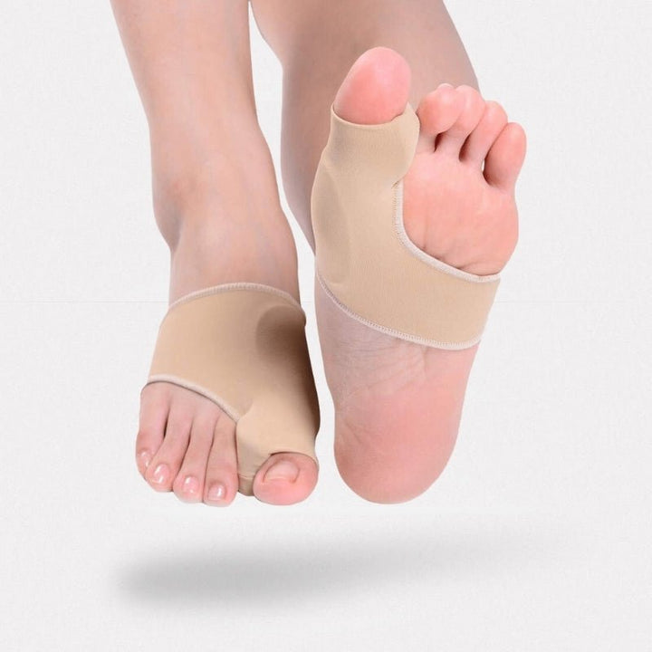 Chaussette correctrice hallux valgus, beige, tissu respirant, aligne orteils, confort discret, accessoire femme.