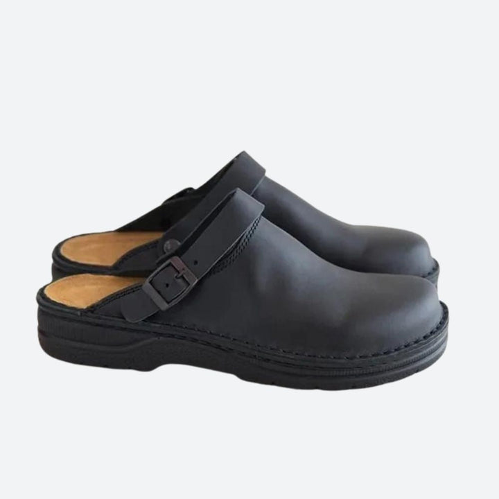 Chaussons cuir homme, confort orthopédique, soutien de la voûte plantaire.