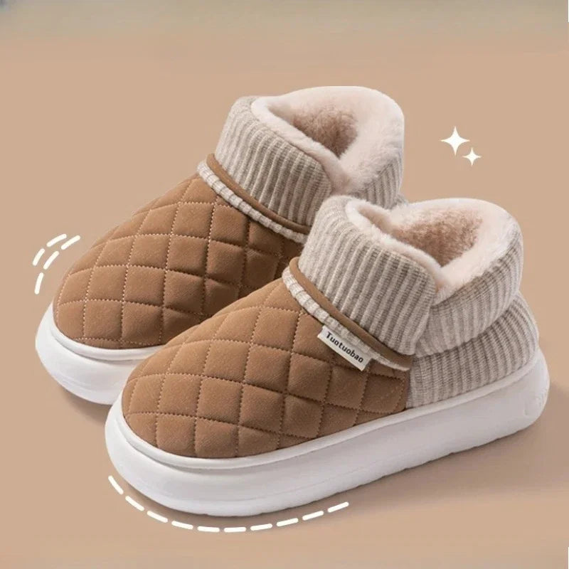 Paire de chaussons douillets pour femmes, enveloppant les pieds de chaleur et de confort à la maison.
