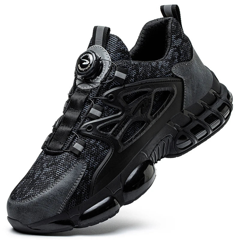 Chaussure de sécurité homme noire avec embout acier, bouton rotatif, idéale pour travail et chantier.