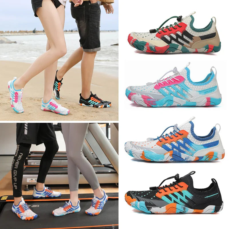 Homme ou femme marchant dans l'eau avec des chaussures aquatiques de randonnée légères et confortables.