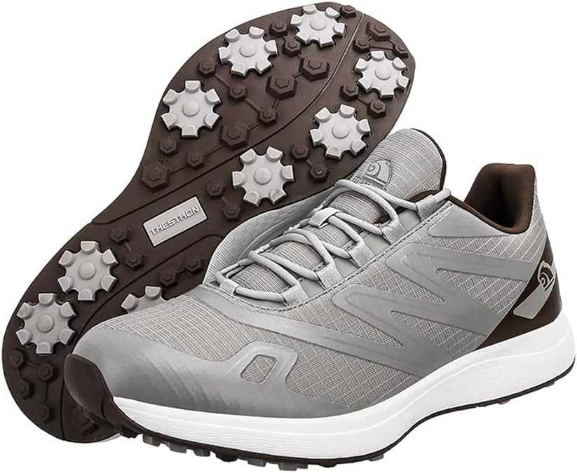 "Chaussures de golf homme légères et adhérentes, vue de côté, avec semelle crantée pour traction optimale sur gazon."