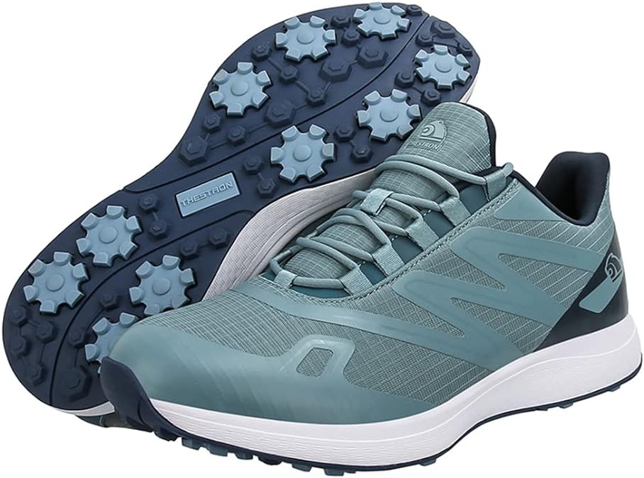 "Chaussures de golf homme légères et adhérentes, vue de côté, avec semelle crantée pour traction optimale sur gazon."