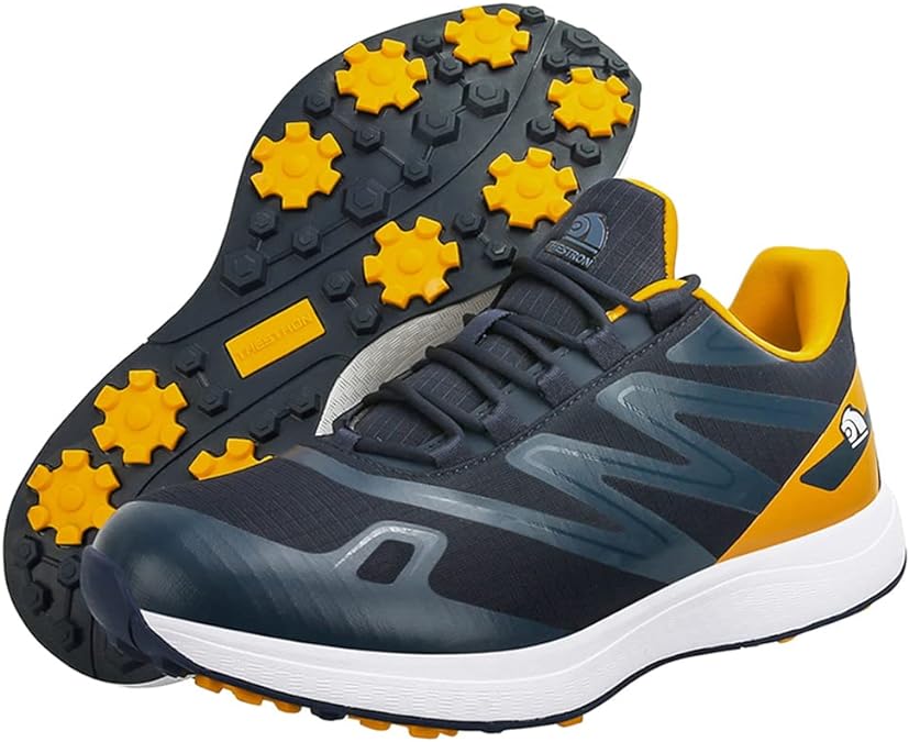 "Chaussures de golf homme légères et adhérentes, vue de côté, avec semelle crantée pour traction optimale sur gazon."