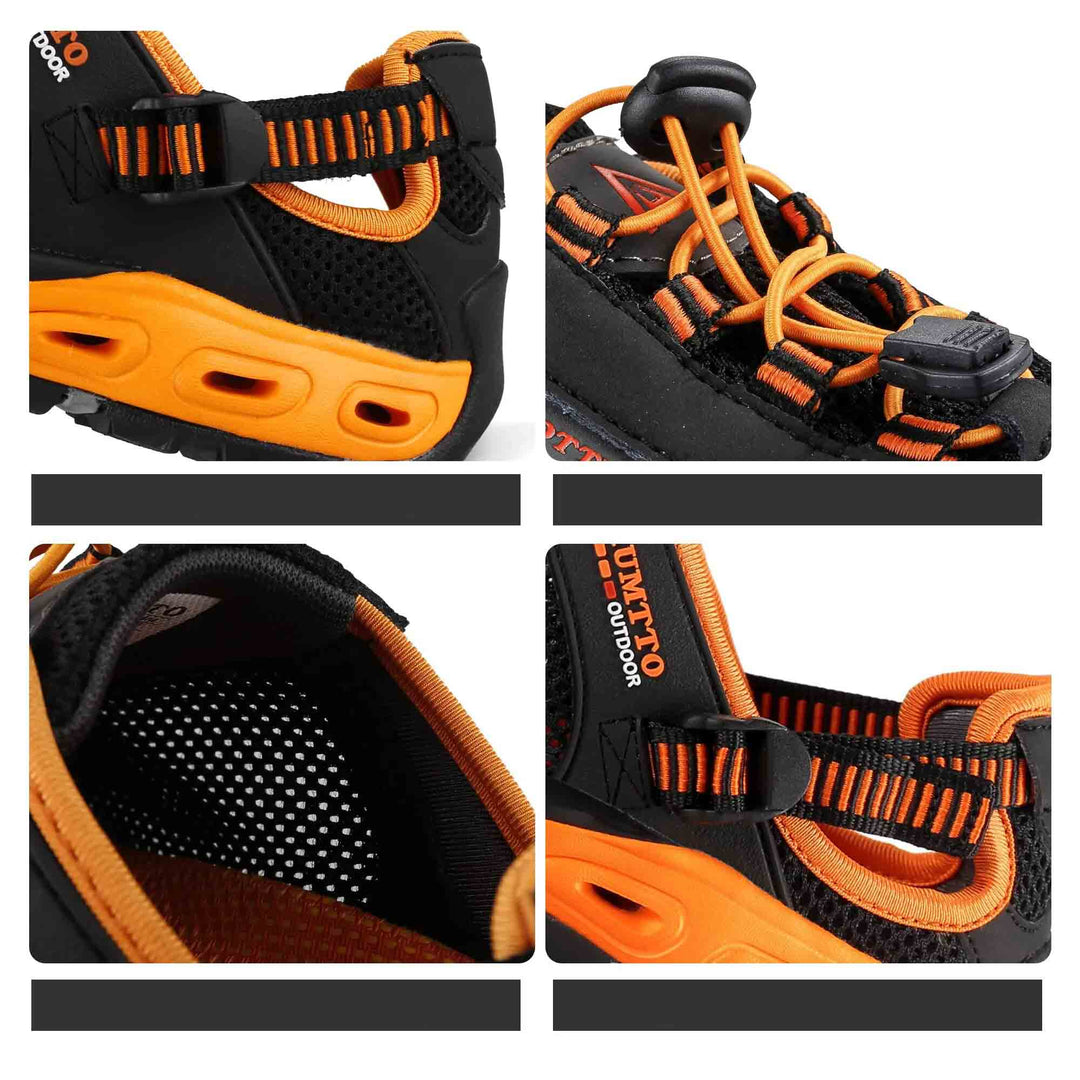 Pied avec chaussures de randonnée aquatique respirantes. Confort, adhérence et séchage rapide pour l'extérieur, homme/femme.