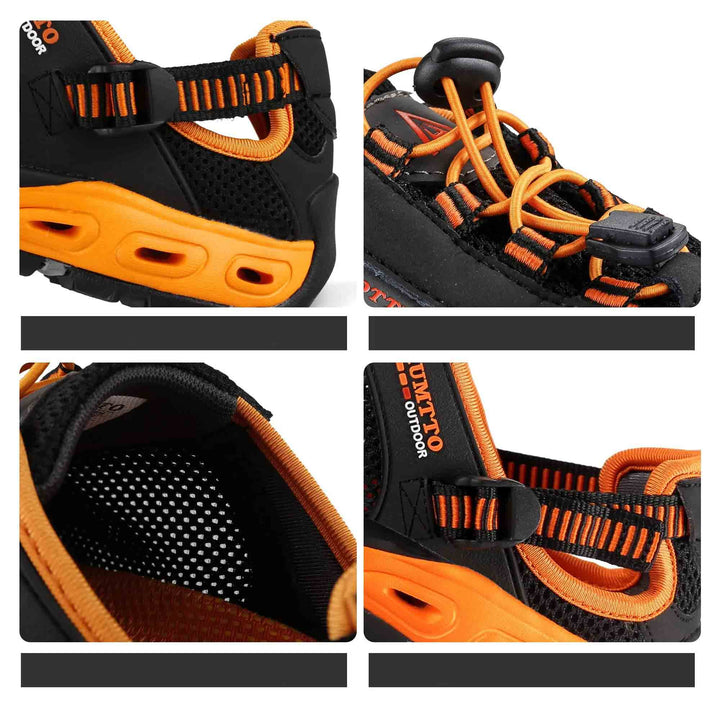 Pied avec chaussures de randonnée aquatique respirantes. Confort, adhérence et séchage rapide pour l'extérieur, homme/femme.