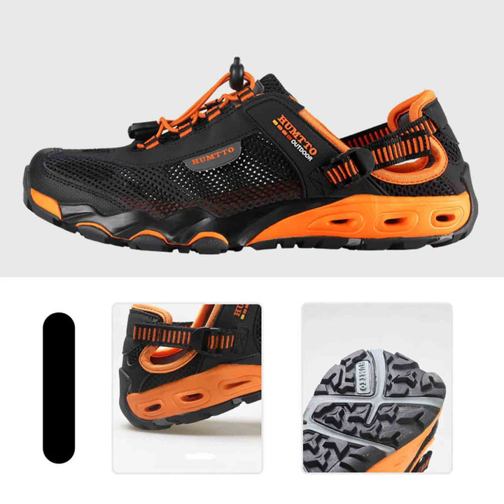 Vue latérale de chaussures aquatiques polyvalentes et respirantes. Séchage rapide, idéales pour randonnée et sports nautiques.