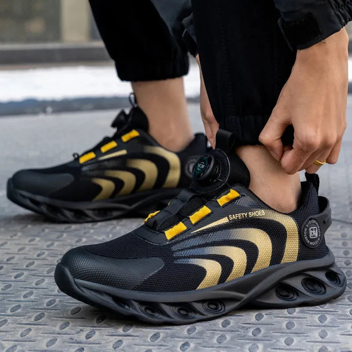 Chaussures de sécurité avec bouton rotatif, protection anti-écrasement et anti-perforation pour environnement industriel.