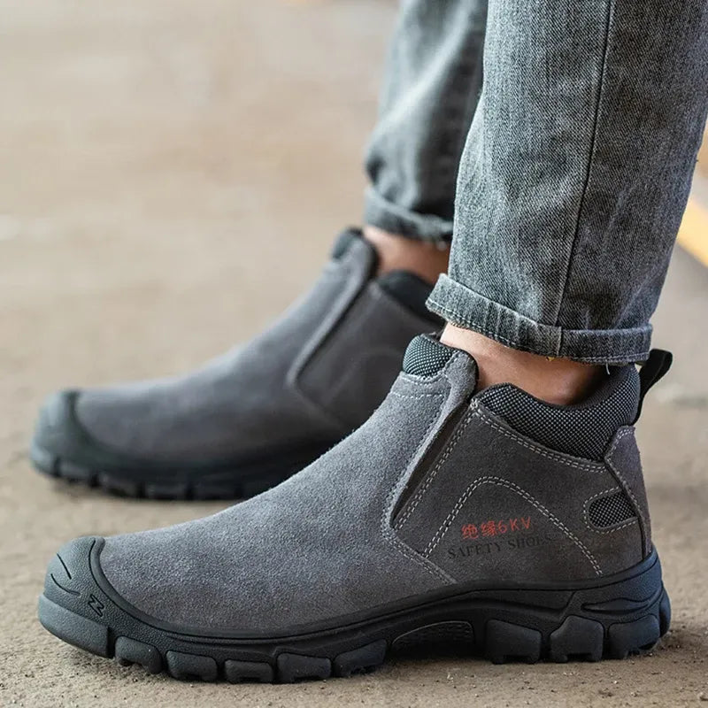 Chaussures de sécurité à enfiler grises/marron pour hommes, robustes, antidérapantes et confortables pour le travail.