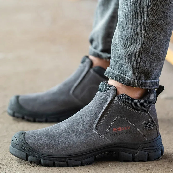 Chaussures de sécurité à enfiler grises/marron pour hommes, robustes, antidérapantes et confortables pour le travail.