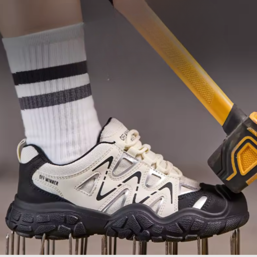 Chaussures de sécurité femme vue latérale, légères, anti-perforation, confortables pour chantier.