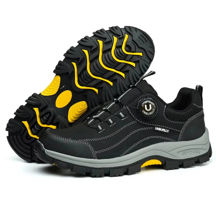 Chaussures de sécurité homme respirantes noires avec bouton rotatif, idéales pour travail, protection et confort.