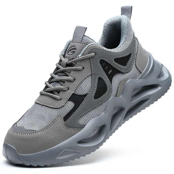Chaussures de sécurité légères et confortables unisexes avec embout acier et semelle anti-perforation.