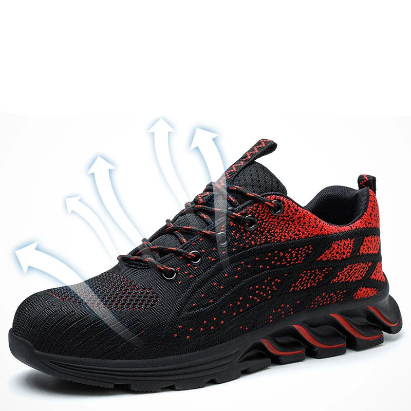 Paire de chaussures de sécurité légères et stylées pour hommes et femmes, offrant confort et protection avec embout acier.