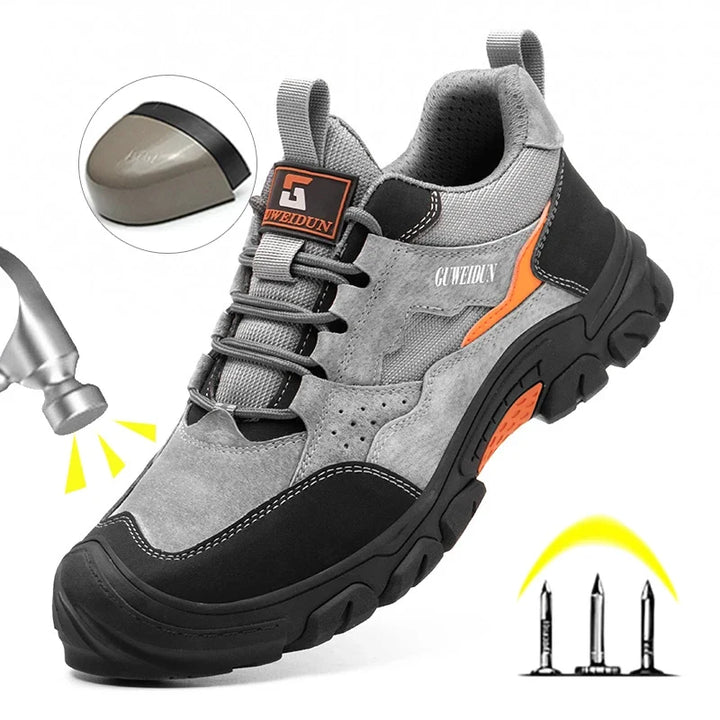 Chaussures de sécurité mixtes en cuir PU respirant, avec embout acier et protection anti-perforation.