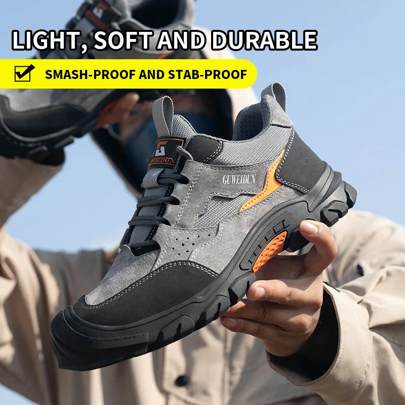Chaussures de travail professionnelles pour chantiers, cuir PU respirant et protections essentielles.