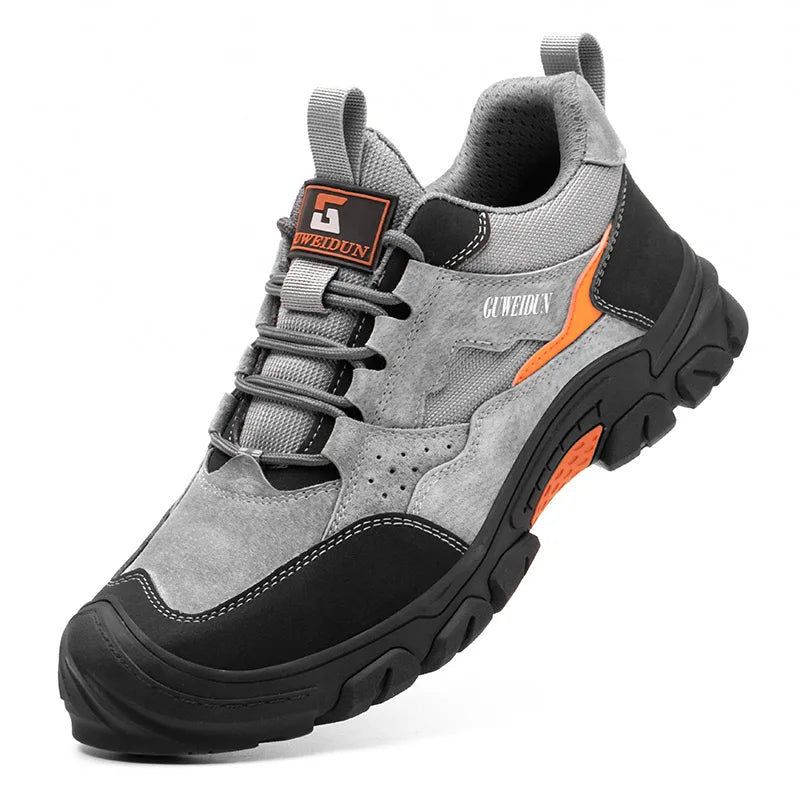Vue latérale chaussures de sécurité en cuir PU respirant, avec renforts et semelle anti-dérapante.