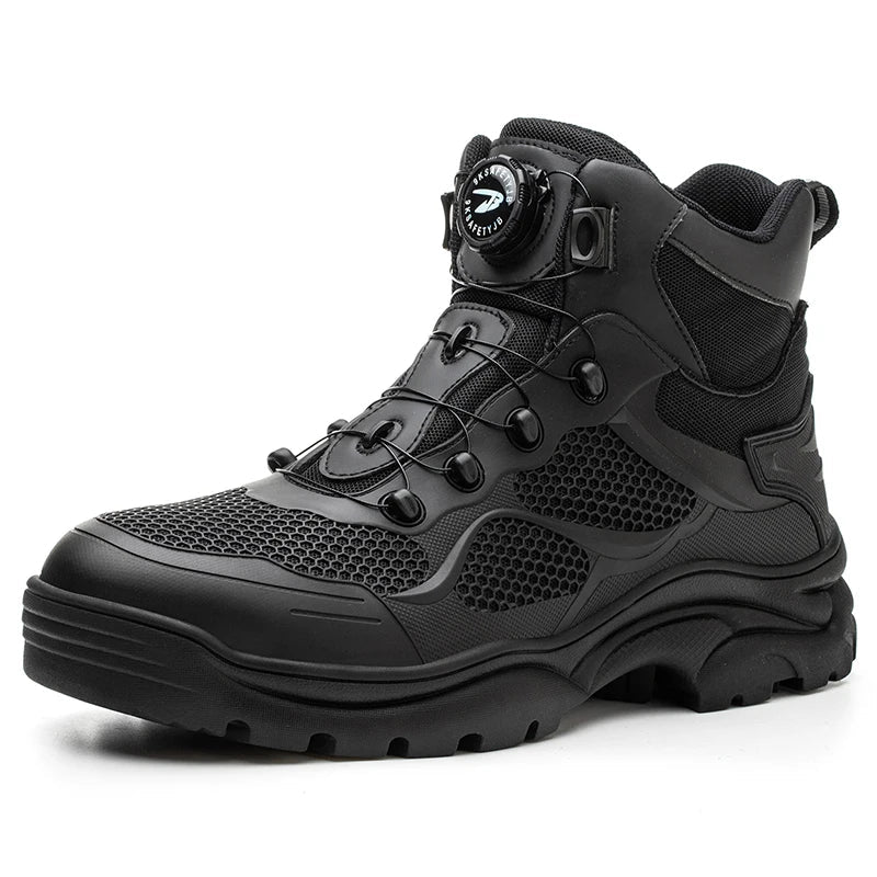 Chaussures de sécurité montantes unisexe, embout acier et ajustement rapide à bouton rotatif, parfaites pour chantier.