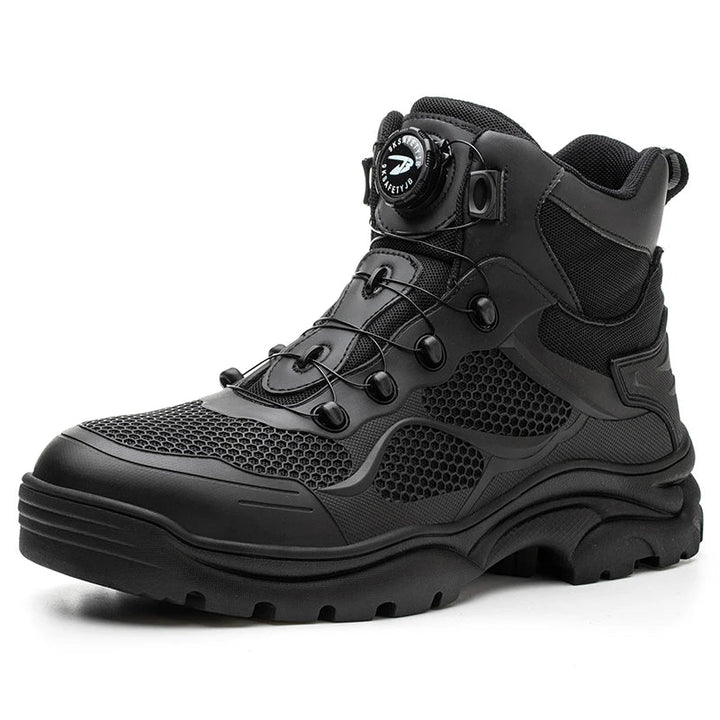 Chaussures de sécurité montantes unisexe, embout acier et ajustement rapide à bouton rotatif, parfaites pour chantier.
