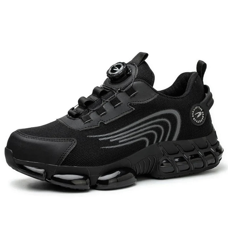Chaussures de sécurité noires avec laçage rotatif, protection acier et kevlar pour hommes et femmes.