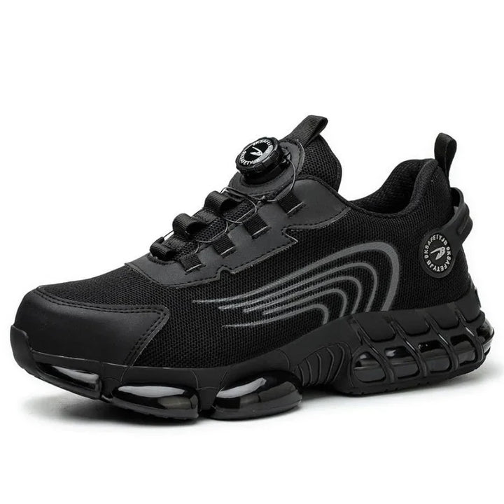 Chaussures de sécurité noires avec laçage rotatif, protection acier et kevlar pour hommes et femmes.