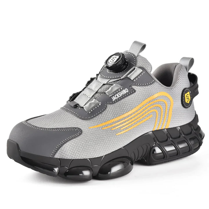 Vue latérale de chaussures de sécurité avec laçage rotatif, semelle antidérapante, modèle unisexe.