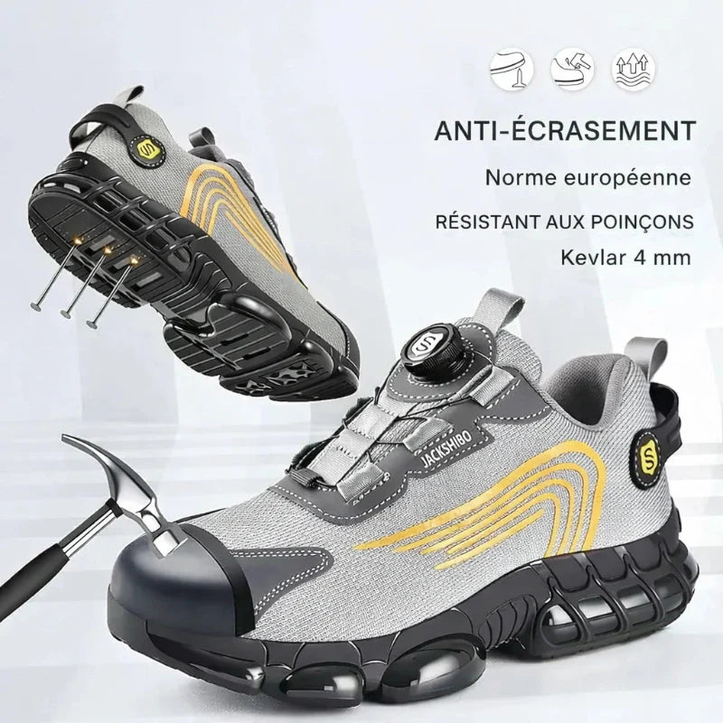 Chaussures de sécurité robustes avec laçage par bouton rotatif, offrant protection et confort au travail.