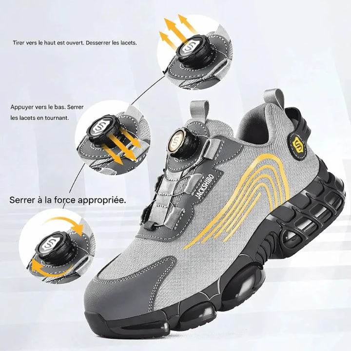 Détail du système de laçage rotatif sur des chaussures de sécurité en kevlar et acier, unisexes.