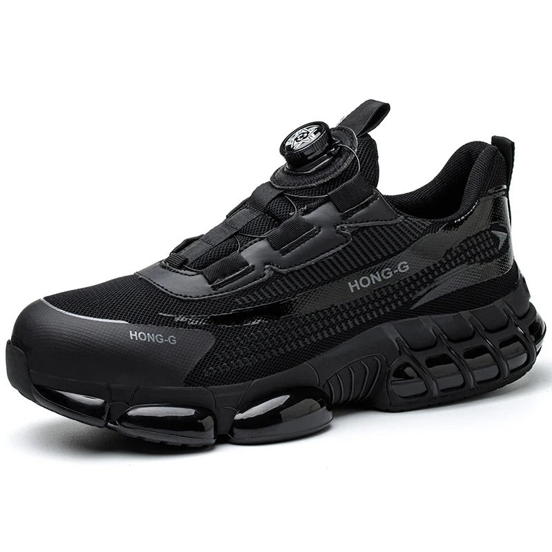 Chaussures de sécurité robustes avec bout anti-écrasement et lacet rotatif pour hommes et femmes sur chantier.