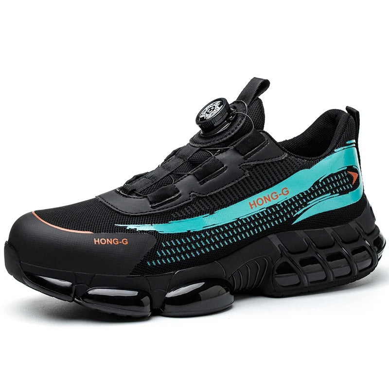 Gros plan sur le lacet rotatif des chaussures de sécurité anti-écrasement, offrant un ajustement rapide et précis.