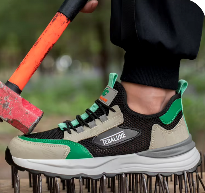 Homme travaillant avec chaussures de sécurité légères, embout composite. Protection et confort pour le travail.