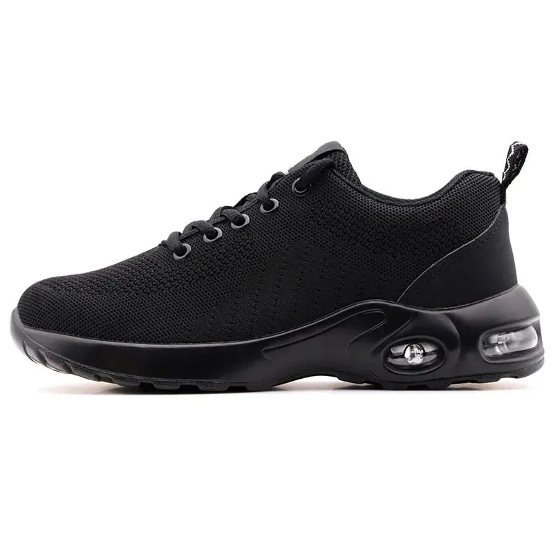 Chaussures de sécurité unisexes avec embout acier et coussin d'air, offrant protection et confort optimal au travail.