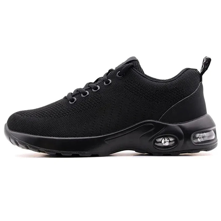 Chaussures de sécurité unisexes avec embout acier et coussin d'air, offrant protection et confort optimal au travail.