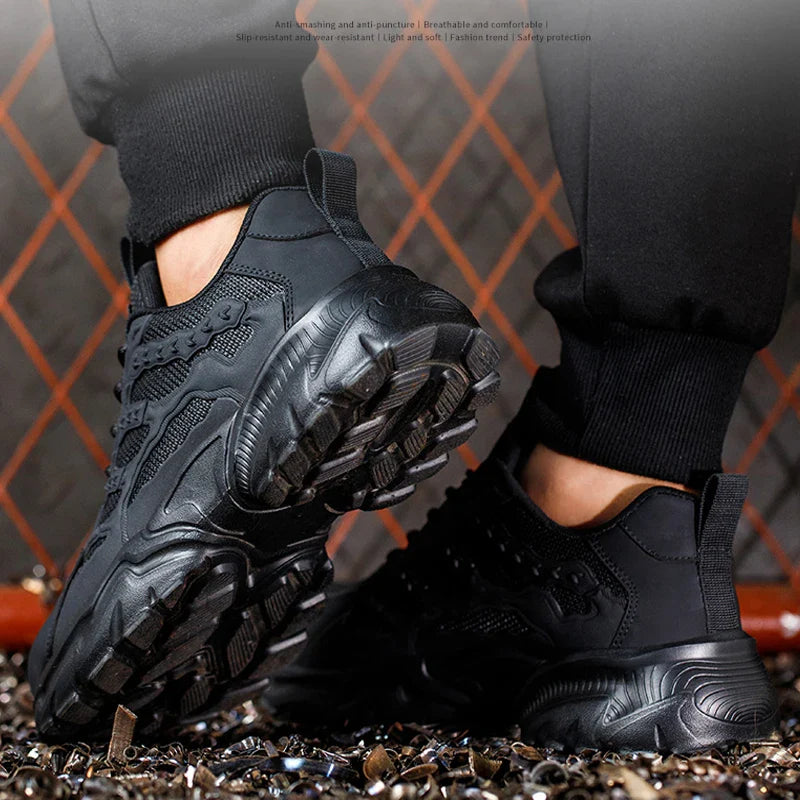Vue de profil des chaussures de travail confortables, dotées d'une maille respirante et semelle antidérapante.