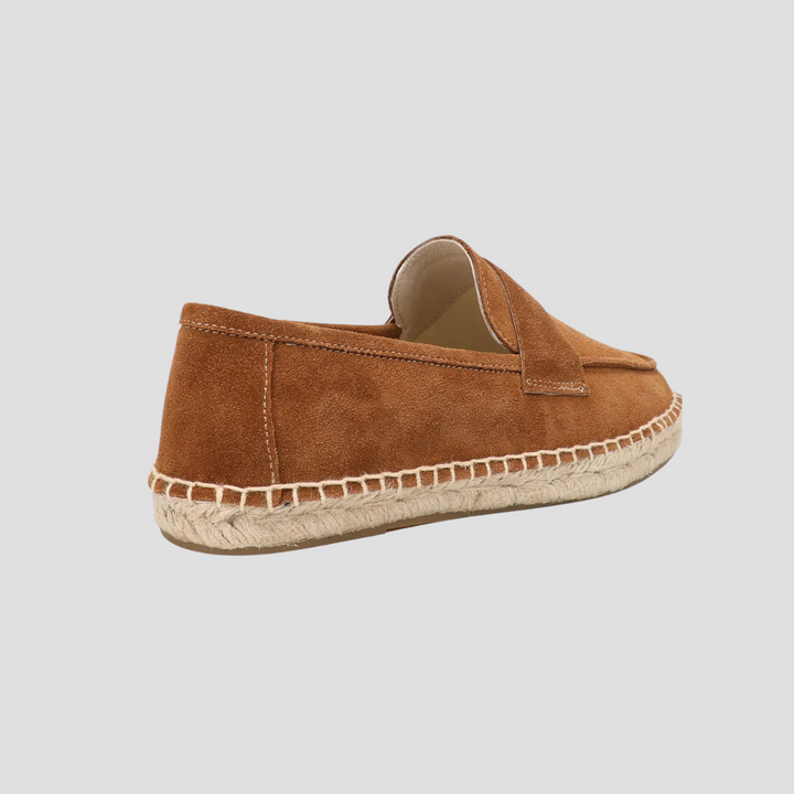 "Chaussures mocassins espadrilles en daim beige, semelle jute, style méditerranéen, pour homme, élégance décontractée"