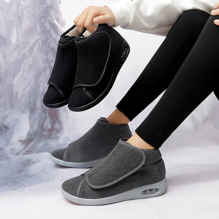 Chaussures hiver femme montantes orthopédiques, chaudes, ajustables et antidérapantes pour pieds sensibles.