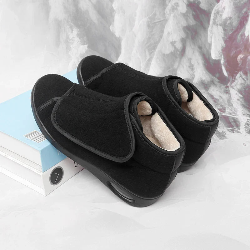 Dessus des chaussures orthopédiques chaudes femme avec fermeture ajustable, idéales pour pieds sensibles.