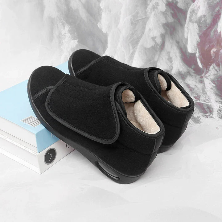Dessus des chaussures orthopédiques chaudes femme avec fermeture ajustable, idéales pour pieds sensibles.