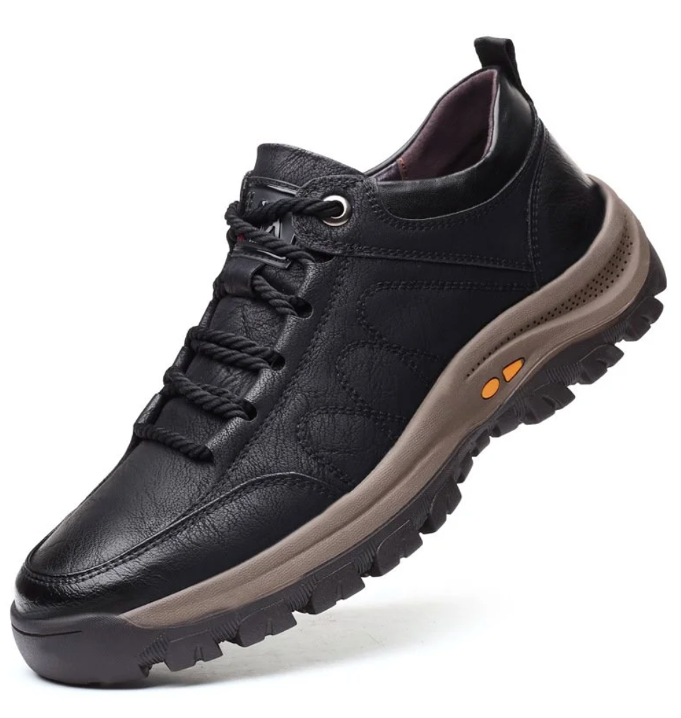"Chaussures orthopédiques homme en cuir marron, semelle épaisse ergonomique, confort et style pour soutien optimal."