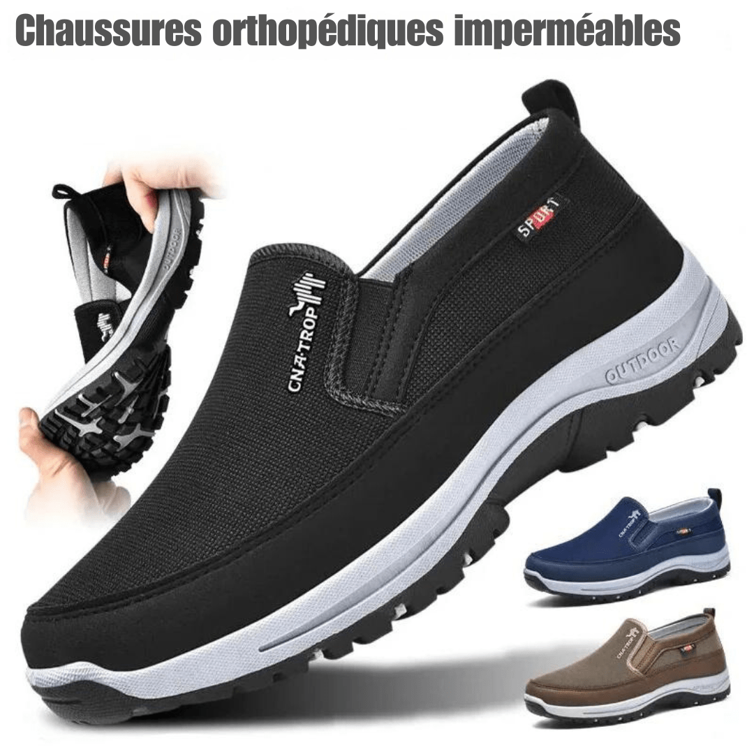 "Chaussures orthopédiques imperméables pour hommes, design moderne, soutien plantaire, disponibles bleu, café, gris, noir."