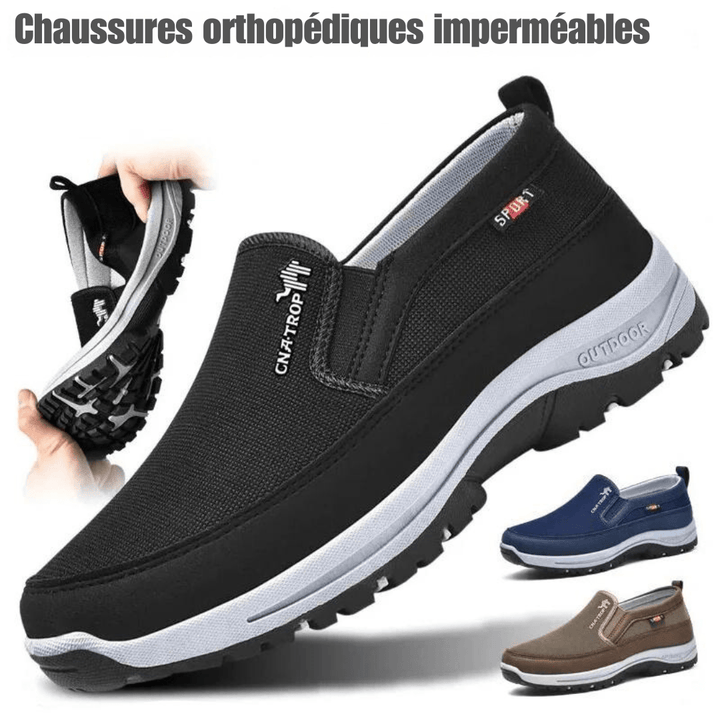 "Chaussures orthopédiques imperméables pour hommes, design moderne, soutien plantaire, disponibles bleu, café, gris, noir."