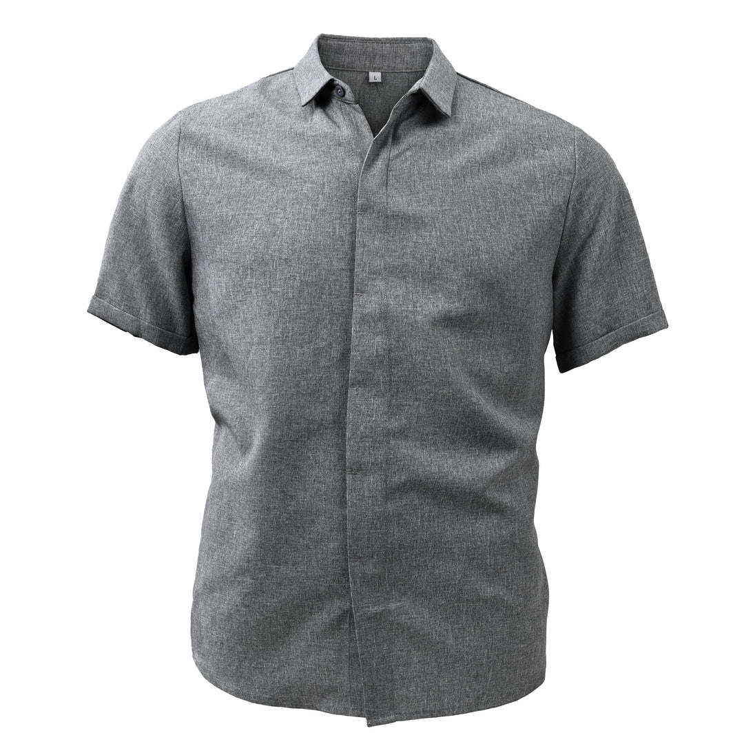 "Chemise à manches courtes en coton-lin pour homme, col uni, élégant pour l'été, disponible en plusieurs couleurs."
