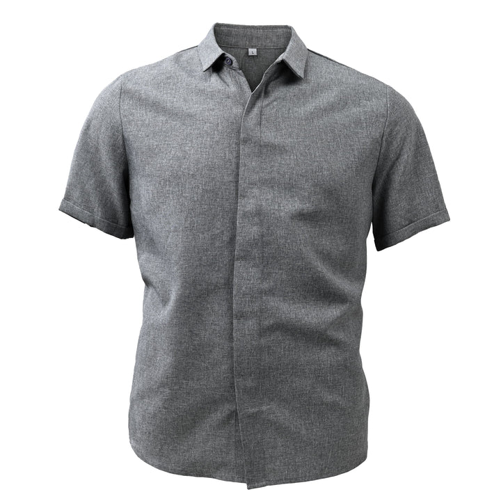 "Chemise à manches courtes en coton-lin pour homme, col uni, élégant pour l'été, disponible en plusieurs couleurs."