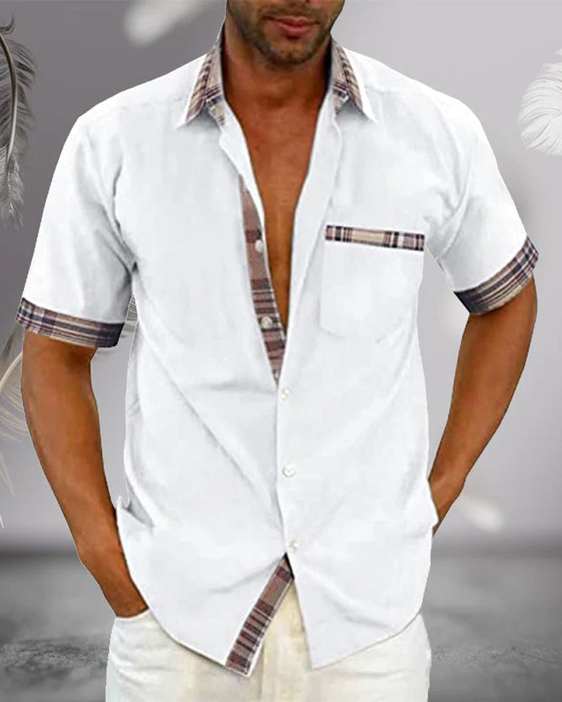 "Chemise à manches courtes homme élégante, motif intemporel, coupe ajustée, plusieurs couleurs, confort et style raffinés."