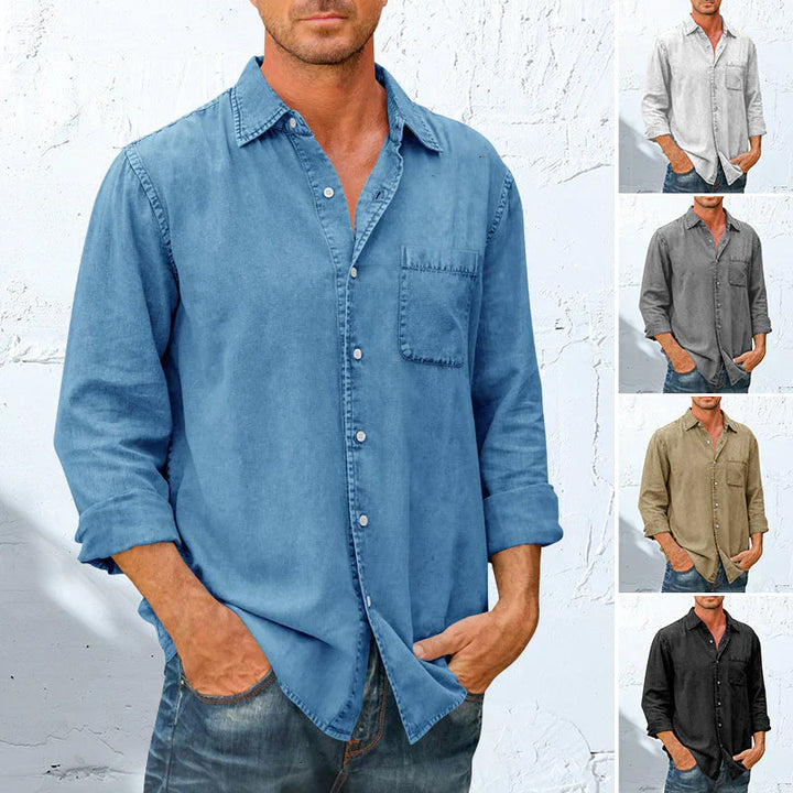 Chemise boutonnée décontractée homme, manches longues, style polyvalent et intemporel pour toutes saisons.
