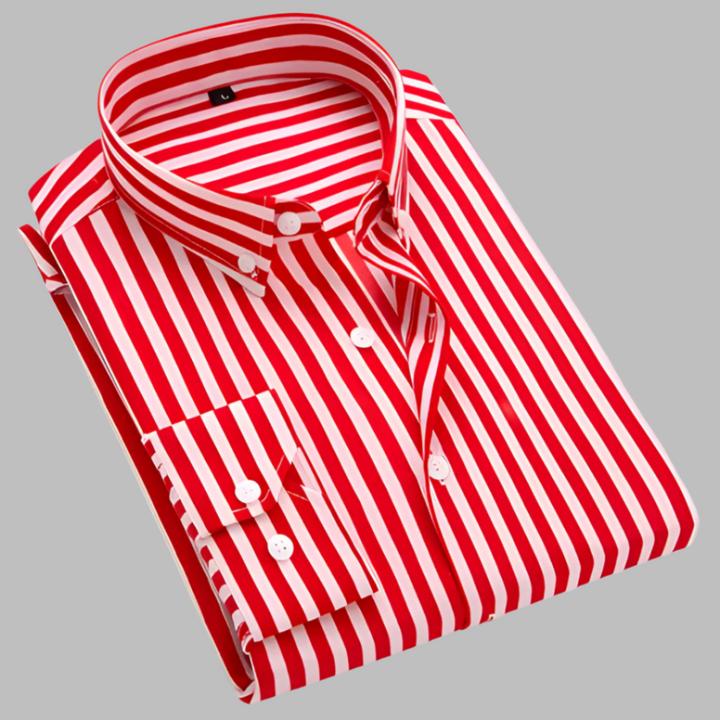 Chemise homme boutonnée à rayures fines, confortable et classique. Parfaite pour la mode masculine moderne.