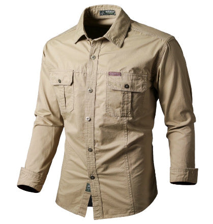 Chemise cargo homme manches longues, style décontracté, poches fonctionnelles, coupe ample, mode masculine casual.